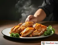 In a professional photography studio, the photographer is focused on capturing a plate of Hainan Wenchang Chicken, using light and shadow to capture its tempting color and texture.