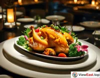 In a luxuriously decorated high-end restaurant, a delicate Hainan Wenchang Chicken is served, looking particularly tempting under the light.