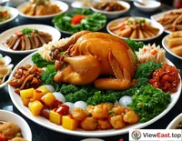 At the festive table, Hainan Wenchang Chicken serves as the main dish, surrounded by various traditional snacks, with people's faces filled with happy smiles.