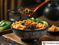  In the photography studio, the photographer is capturing a beautifully arranged bowl of Liuzhou Luosi Rice Noodles, focusing on its enticing color and texture.