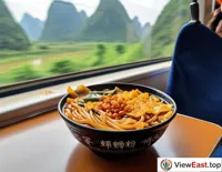 During a train journey, passengers enjoy Liuzhou Luosi Rice Noodles in the dining car, with the scenery outside the window complementing the tangy and spicy noodles.