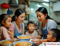 In a home kitchen, a mother is preparing Liuzhou Luosi Rice Noodles for her family, with children gathered around, curiously watching the cooking process.