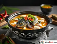  In the photography studio, a photographer is capturing a beautifully styled bowl of Guizhou Sour Soup Fish, focusing on its enticing color and texture.