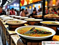 At the food festival, a long line forms at the Guizhou Sour Soup Fish booth, with people eagerly waiting for a taste of this authentic Guizhou flavor.