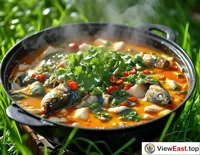In a lush park, friends share a pot of visually appealing Guizhou Sour Soup Fish, with sunlight filtering through the leaves and dappling the dish.