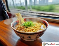 During a train journey, passengers enjoy a bowl of Lanzhou Hand-Pulled Noodles in the dining car, with the fatigue of the trip easing in the steaming noodles.