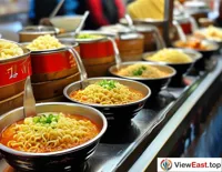At the food festival, a long queue has formed at the Lanzhou Hand-Pulled Noodles stall, with people eager to taste the chewy noodles and the delicious broth.