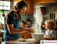  In a home kitchen, a father is teaching his child how to pull noodles, with flour flying around, creating a warm family atmosphere.