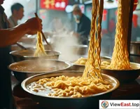 In the early morning of Lanzhou, in front of a noodle shop, the master is skillfully pulling noodles, and the steaming hot noodles attract the early risers.