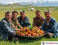 On the grassland of Xinjiang, herdsmen sit around together, with a large plate of Xinjiang big plate chicken in the middle, enjoying the gifts of nature and the happiness brought by delicious food.