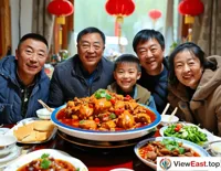 At a family gathering, in the middle of a sumptuous dish is a large plate of Xinjiang big plate chicken. Relatives sit around together, with happy smiles on their faces.