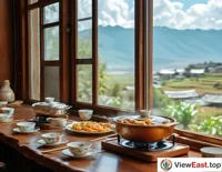 In a characteristic inn in Yunnan, tourists sit by the window and taste Yunnan steam pot chicken. Outside the window is a beautiful scenery, and inside the house is delicious steam pot chicken, making people intoxicated in this beautiful atmosphere.