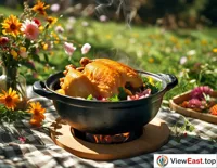 On the outdoor picnic cloth, with the sun shining down, Yunnan steam pot chicken is placed in the middle. Surrounded by blooming flowers and green grass. The steam pot chicken emits an alluring aroma, as if calling people to come and taste this delicious dish.
