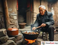 An elderly person in the courtyard of an old house, stewing Northeastern Iron Pot Stew in a traditional iron pot, passing down the taste of home.