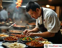  A chef in the kitchen meticulously preparing Northeastern Iron Pot Stew, with the freshness of the ingredients and the focus on cooking captured in the scene.