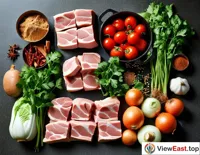The preparation process of the ingredients for Northeastern Iron Pot Stew, with fresh cuts of meat, vegetables, and spices neatly arranged, ready to be cooked.