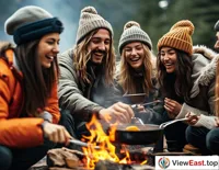 A group of friends camping outdoors, cooking Northeastern Iron Pot Stew around a bonfire, enjoying the meal amidst laughter and joy.