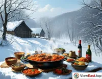 Amid a snowy winter landscape, a table laden with a hearty Northeastern Iron Pot Stew, steaming and bringing warmth to the cold day.