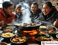 A family gathers around a steaming iron pot, with the Northeastern Iron Pot Stew bubbling and emitting a mouthwatering aroma.