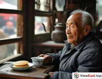 An elderly man is sitting in a traditional teahouse, leisurely enjoying a Tianjin Pancake Roll, relishing a leisurely afternoon.