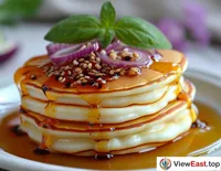 A close-up of the fillings of the pancake roll, with fresh vegetables and sauces that make one's mouth water.