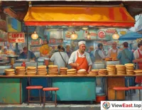 A panoramic view of the pancake roll stall, with the busy figure of the master and the smiling faces of customers forming a warm street scene.