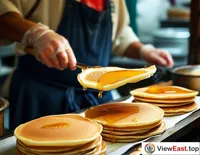 In front of the pancake stall, the master is flipping the golden pancake with a clean and sharp motion.