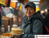 A customer in line, holding a freshly bought Tianjin Pancake Roll, with a satisfied smile on their face.