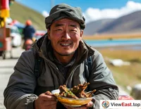 A traveler on a journey in Qinghai, sitting at a roadside stall, holding mutton in hand, eating heartily, with a face full of happiness.
