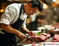 A chef in the kitchen is intently cutting mutton, preparing to make hand-grabbed mutton, with skillful knife work and evenly sliced mutton.