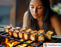 A woman is intently grilling a skewer of tofu for her partner, with the tofu slowly turning golden and crispy on the grill.