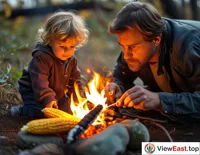 A father is teaching his child how to grill corn over charcoal, with golden kernels glistening in the firelight.