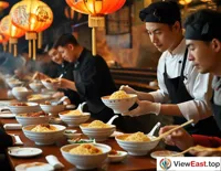 In a restaurant with an old Beijing style, a waiter is serving bowl after bowl of freshly made Zhajiang Noodles to customers who have been waiting for a long time.