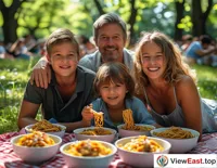 In a sunny park, a family is having a picnic with several bowls of homemade Zhajiang Noodles in the center, and the children are eagerly tasting them.
