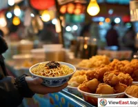 A customer at a bustling night market snack stall, holding a bowl of freshly bought Zhajiang Noodles, is eager to taste it.