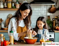 In a cozy home kitchen, a mother is teaching her daughter how to mix the sauce for Zhajiang Noodles, and the little girl is studying diligently.