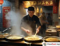 In a traditional shop in a Beijing alley, a master is boiling handmade noodles in a steaming pot, preparing to make Zhajiang Noodles.