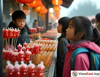 At the school gate, a vendor's candied hawthorn stall attracts children after school, who are eager to buy them.