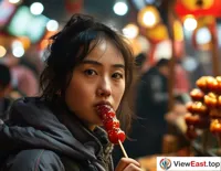 On a bustling snack street, a young woman carefully bites into a candied hawthorn, fearing that the sugar coating might fall off.