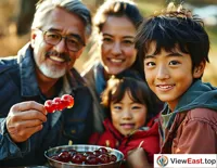 A family enjoys a picnic outdoors, with one member holding a string of candied hawthorns that look particularly enticing in the sunlight.