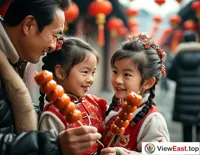 At a temple fair in Beijing, an old artist holds strings of bright red candied hawthorns while children excitedly gather around.