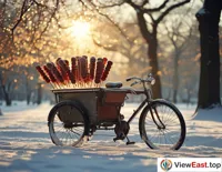 In a winter park, a vendor pushes a bicycle loaded with candied hawthorns, the sugar coating glistening through the sunlight filtering through the tree branches.