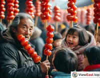 In the cozy living room at home, a grandparent and grandchild share a string of candied hawthorns, their faces filled with happy smiles.
