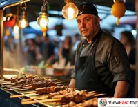  At a food festival stall, a chef is demonstrating how to make delicious lamb skewers to an audience of onlookers.