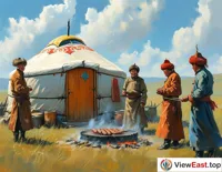 Outside a yurt on the grassland, herdsmen are grilling lamb skewers to welcome guests from afar.