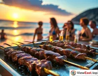 At the seaside in summer, tourists are enjoying the sunset while tasting freshly grilled lamb skewers.