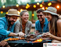 A group of friends are gathered around an outdoor grill, cheerfully roasting lamb skewers amidst laughter and joy.