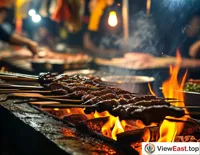  In a bustling night market, a barbecue chef is grilling lamb skewers over charcoal, with smoke swirling and the aroma of meat wafting through the air.