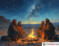 By a bonfire in the desert, travelers are roasting lamb skewers on long forks, with the fire's glow particularly cozy under the starlight.