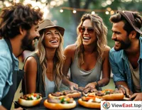 At an outdoor barbecue party, friends are working together to make Rou Jia Mo, chatting and enjoying the fun of cooking.